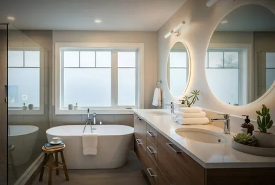 Bright double vanity bathroom renovation, on an emergency plumbing call in Apache Junction, Arizona.