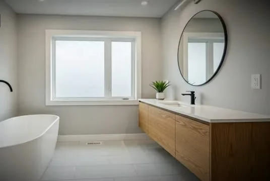 Modern bathroom remodel with tub and wood vanity, on an emergency plumbing call in Apache Junction, Arizona.